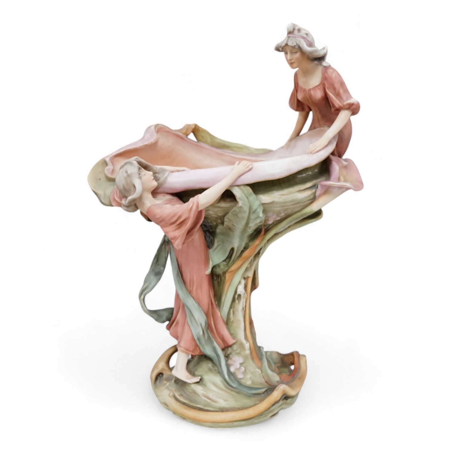 A Royal Dux Art Nouveau figural centrepiece or tazza, 43cm high